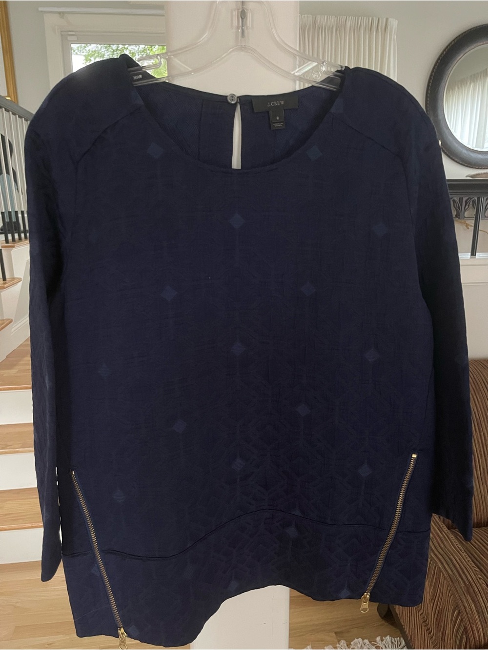 LN J. Crew Navy Textured Long-Sleeve structured Top with Zip Accents
